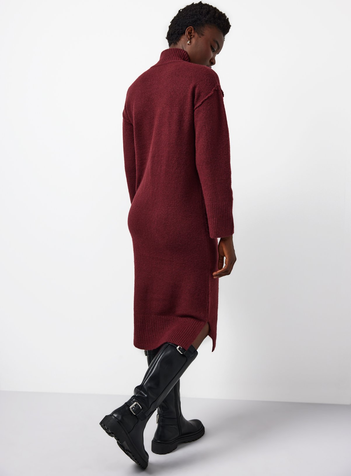 Dark Red High Neck Seam Detail Midi Knitted Dress S - Image 4 thumbnail